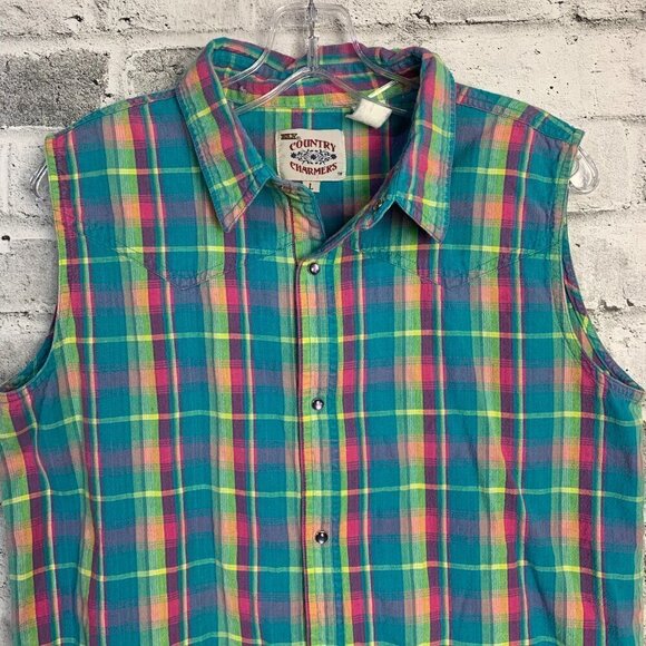 Ely Vintage Pearl Snap Plaid Sleeveless Button Down Western Shirt - Picture 2 of 8